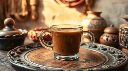Cup of coffee on a wooden tray in the interior of the kitchenの写真素材