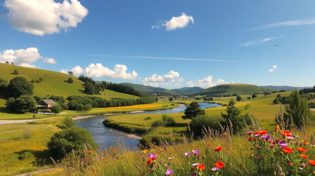 Panoramic view of meadow and river in the mountains.