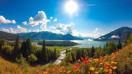 Beautiful panoramic view of a lake with surrounding mountains and wildflowers in bloomの写真素材