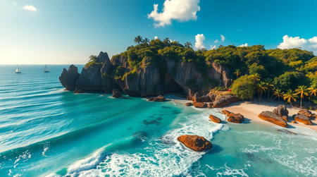 Panoramic aerial view of beautiful Anse Source d'Argent beach in La Digue island, Seychelles