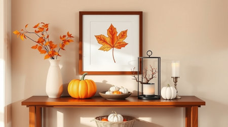 Autumn composition with pumpkins, leaves and candles on wooden shelf