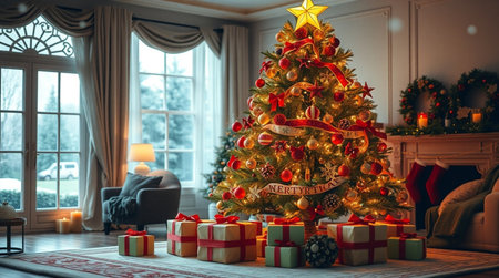 Decorated Christmas tree in the living room with a large windowの写真素材