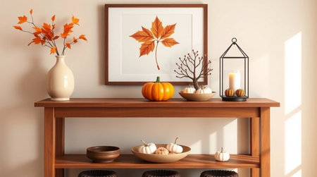 Autumn composition with pumpkins, candles and autumn leaves on wooden shelf