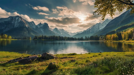 Panoramic view of a lake in the mountains at sunset.の写真素材
