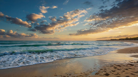 Beautiful sunset on the beach. Panoramic view of the sea.の写真素材