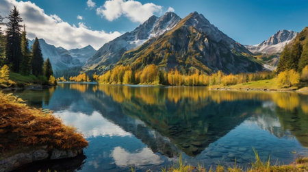 panoramic view of autumn alpine lake with reflection of mountainsの写真素材