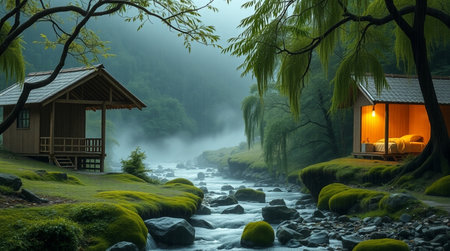 Wooden bungalow on the mountain river in the morning.の写真素材