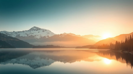Mountain lake at sunrise with reflection in the water, Switzerland.の写真素材