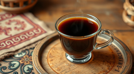 Black coffee in a glass cup on a wooden table, top viewの写真素材