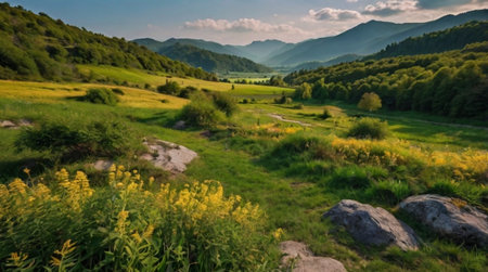 Panoramic view of meadow with yellow wildflowers in the mountainsの写真素材