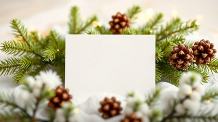 Christmas greeting card mockup with fir tree branches and pine cones.の写真素材