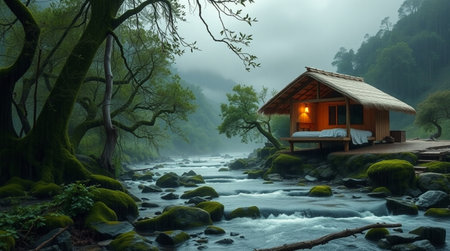 Wooden house in the middle of a mountain river in the forestの写真素材
