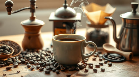 Cup of coffee and coffee beans on wooden table, closeupの写真素材