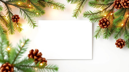 Christmas greeting card with fir branches, pine cones and garland on white background. Top view....
