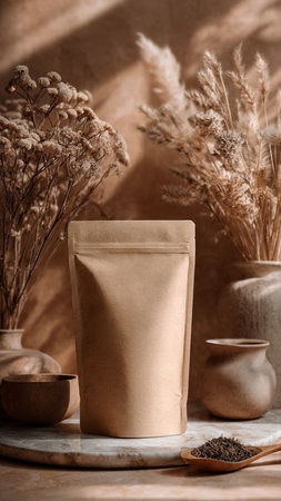 coffee bag and dried flowers in vase on wooden table.