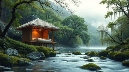 3d rendering of japanese bamboo hut in the middle of a riverの写真素材