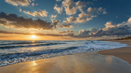 Beautiful sunset on the beach. Seascape. Panoramaの写真素材