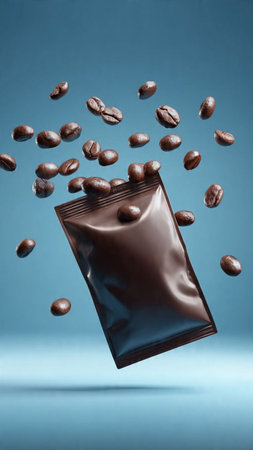 Coffee beans flying out of a chocolate package on blue backgroundの写真素材