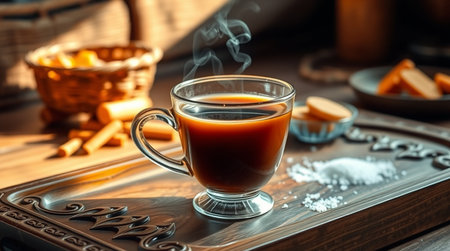 Cup of hot coffee with sugar cubes and cinnamon sticks on tray.の写真素材