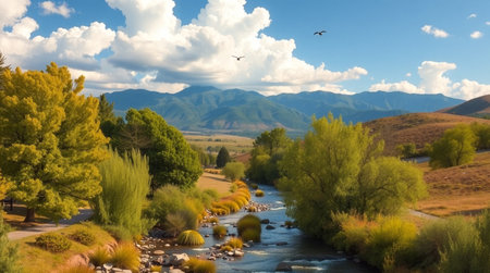 Panoramic view of a small river and mountains in the backgroundの写真素材