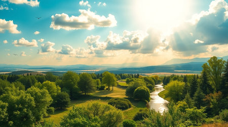 Panoramic view of the valley and the river. Summer landscape.の写真素材