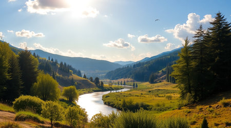 Landscape with the image of the river in the Altai mountainsの写真素材