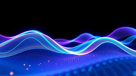 3d render, abstract background with blue waves, flowing lines and particles