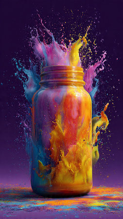 colorful paint splashing out of a jar isolated on purple backgroundの写真素材
