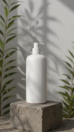 Blank cosmetic bottle mockup on concrete pedestal with green leaves shadows. Natural organic skin care product concept.の写真素材
