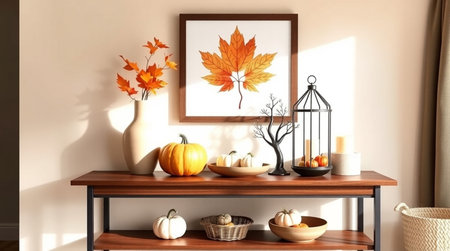 Autumn composition with pumpkins and leaves on shelf. 3d illustrationの写真素材