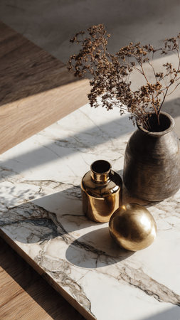 Elegant vase with dried flowersle table in sunlightの写真素材
