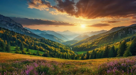 Majestic sunrise in the mountains landscape. Dramatic sky. Carpathian, Ukraine, Europe. Beauty world.の写真素材