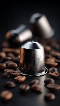 Coffee grinder and coffee beans on a black background.