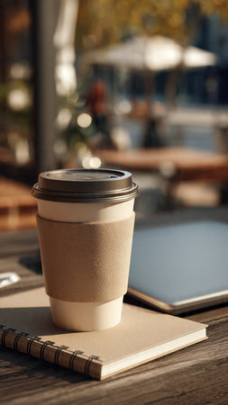 Coffee cup and notebook on wooden table in outdoor cafe.の写真素材