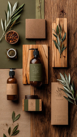 top view of bottles with herbs on wooden background, natural cosmetics conceptの写真素材