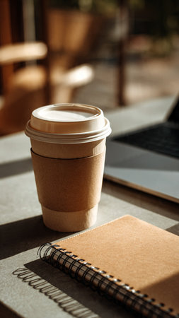 Coffee cup and notebook on table in coffee shop, stock photoの写真素材