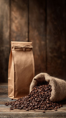Coffee beans in a bag on a wooden background. Selective focus.の写真素材