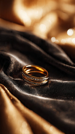 Wedding rings on a background of golden satin fabric.の写真素材