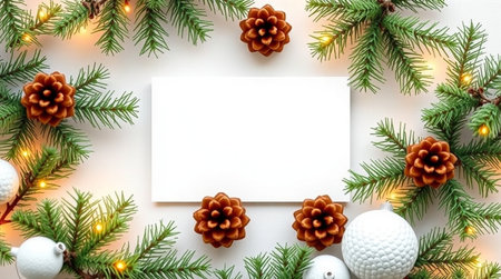 Christmas greeting card mockup with fir branches, pine cones and decorations on white background....
