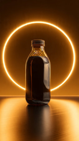 bottle of black liquid on a dark background with a luminous circleの写真素材