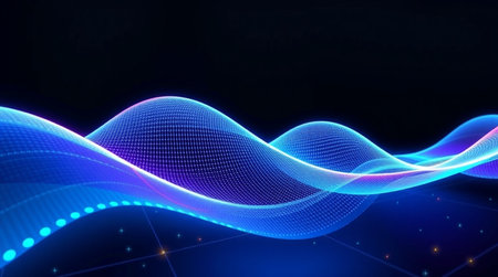 abstract blue wave background with glowing particles. 3d rendering, 3d illustration.