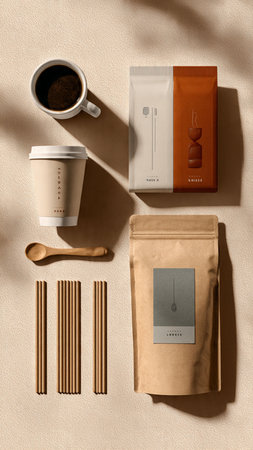 Coffee cup, paper bag and chopsticks on beige backgroundの写真素材