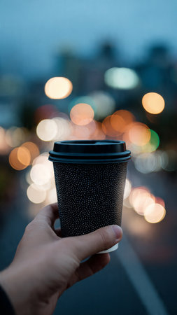 Hand holding a paper cup with bokeh on the background.の写真素材
