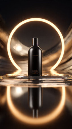 Cosmetic bottle on a dark background with neon light. 3d renderingの写真素材