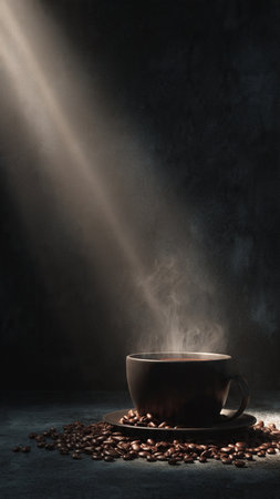 Coffee cup and coffee beans on dark background with spotlightsの写真素材