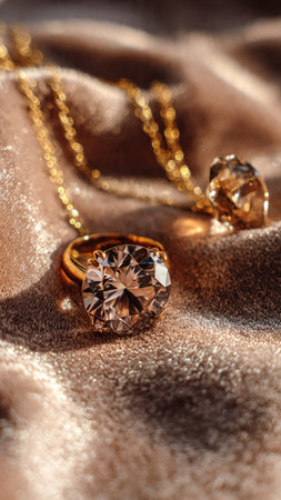 Jewelry background with diamond ring on golden satin fabric.の写真素材