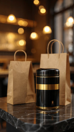 Metal thermos and paper bags on table in cafe, closeupの写真素材