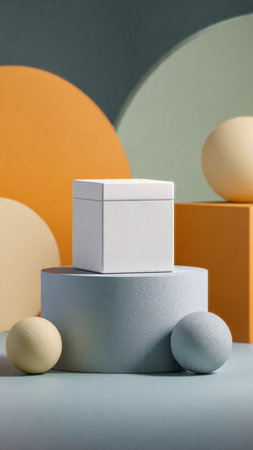 Minimalist abstract background with geometric shapes, podiums and ballsの写真素材