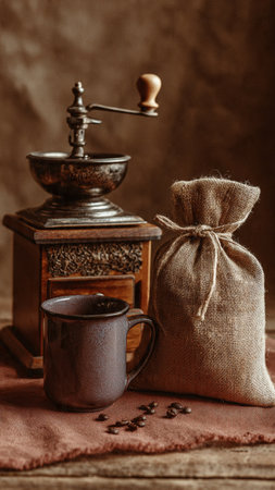 Coffee grinder, sack and coffee beans on a brown backgroundの写真素材