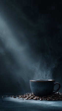 Coffee cup and coffee beans on dark background with smoke.の写真素材